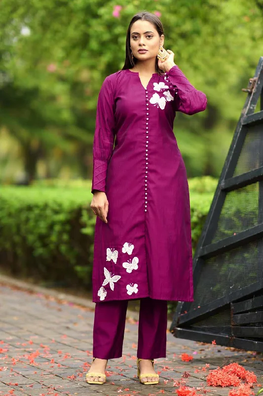 Dark-Pink Hand Embroidery Art Silk Straight Cut Kurta Pants Set Slim-Fit Khaki Pants