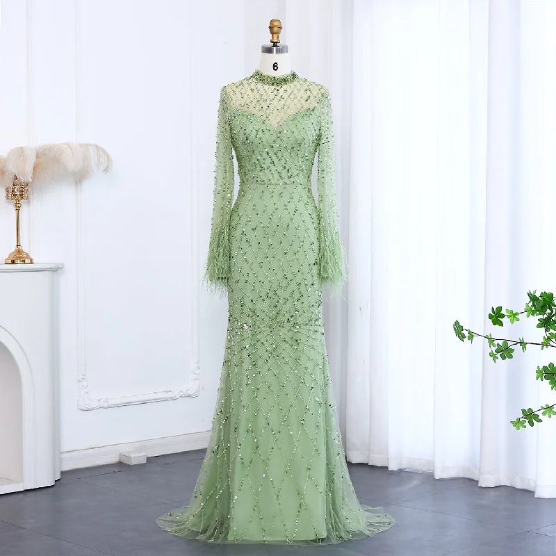 Luxury Feathers Long Sleeves High Neck Evening Dress SS144 Tunics Party sparkling