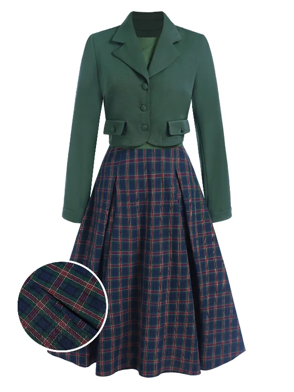 2PCS Green 1940s Lapel Button Blazer & Plaids Dress Women's Luxurious Jacket
