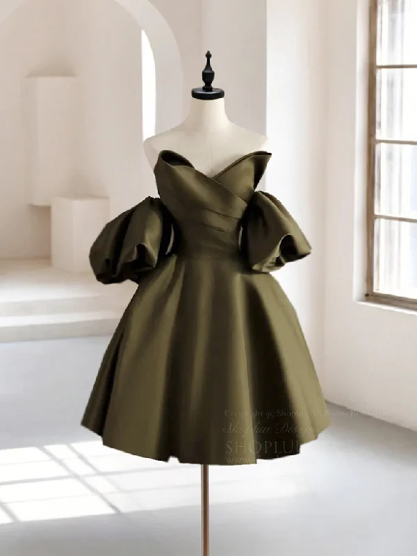 A-Line Puff Sleeves Olive Green Satin Short Prom Dress, Olive Green Homecoming Dress Cowl Neckline Elegant A-Line Puff Sleeves Olive Green Satin Short Prom Dress, Olive Green Homecoming Dress Cowl Neckline Elegant