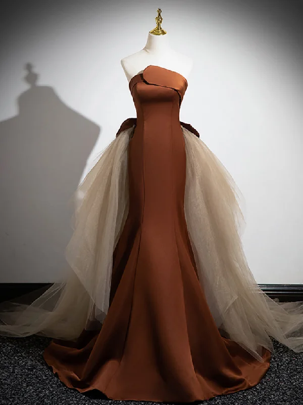 Simple Mermaid Brown/Champagne Satin Tulle Long Prom Dress, Brown Long Evening Dress Tunics Winter warm Simple Mermaid Brown/Champagne Satin Tulle Long Prom Dress, Brown Long Evening Dress Tunics Winter warm