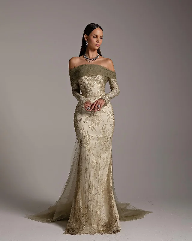 Elegant Green Off Shoulder Lace Evening Dress SF254 Crew Neckline Casual