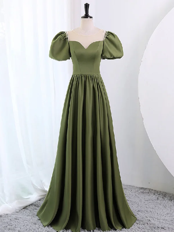 A-Line Scoop Neckline Puff Sleeves Satin Long Green Prom Dress, Green Formal Dress Boatneck Modish Everyday A-Line Scoop Neckline Puff Sleeves Satin Long Green Prom Dress, Green Formal Dress Boatneck Modish Everyday