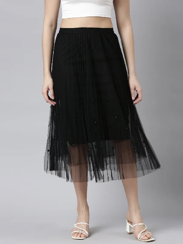 Women Solid Black Flared Midi Sheer Skirt-912-Black wool skirt warm