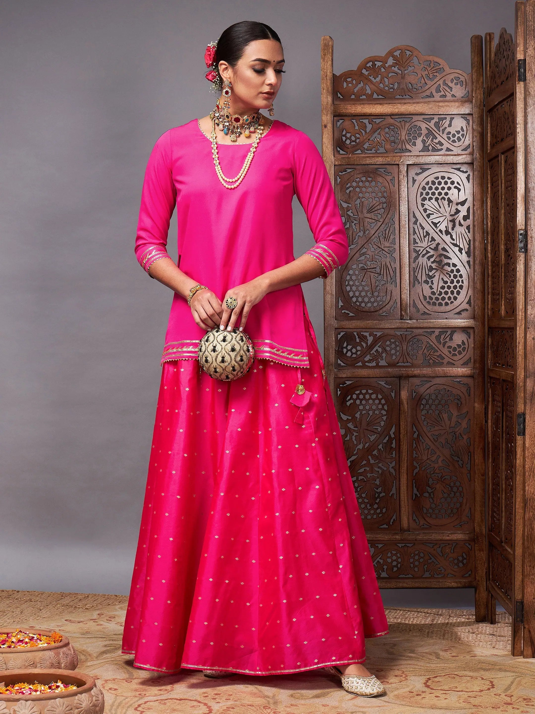 Women Fuchsia Banjara Top With Jacquard Anarkali Skirt corduroy skirt cozy