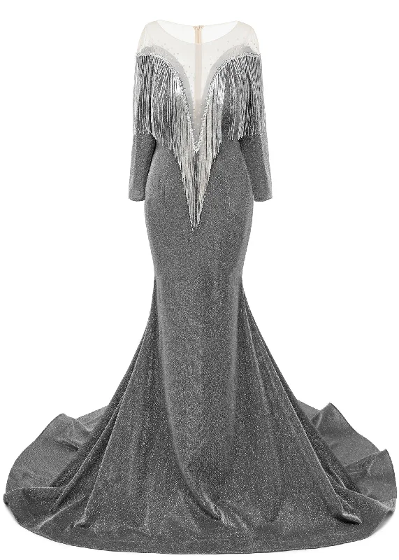 Deep V-neck Shiny Gray Prom Dresses Long sleeves Mermaid Evening Party Dresses Glittery Long Formal Deep V-neck Shiny Gray Prom Dresses Long sleeves Mermaid Evening Party Dresses Glittery Long Formal