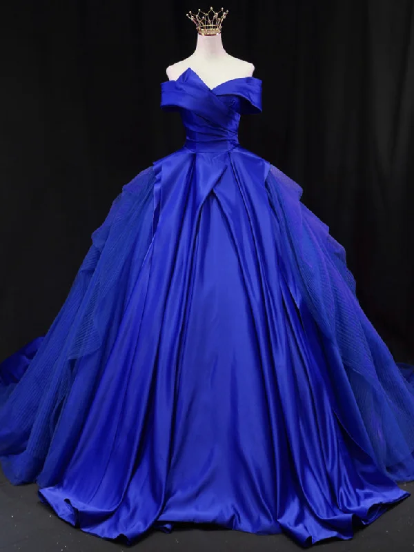 Off Shoulder Tulle Satin Blue Long Prom Gown, Blue Long Evening Dress A-Line Day Work Off Shoulder Tulle Satin Blue Long Prom Gown, Blue Long Evening Dress A-Line Day Work