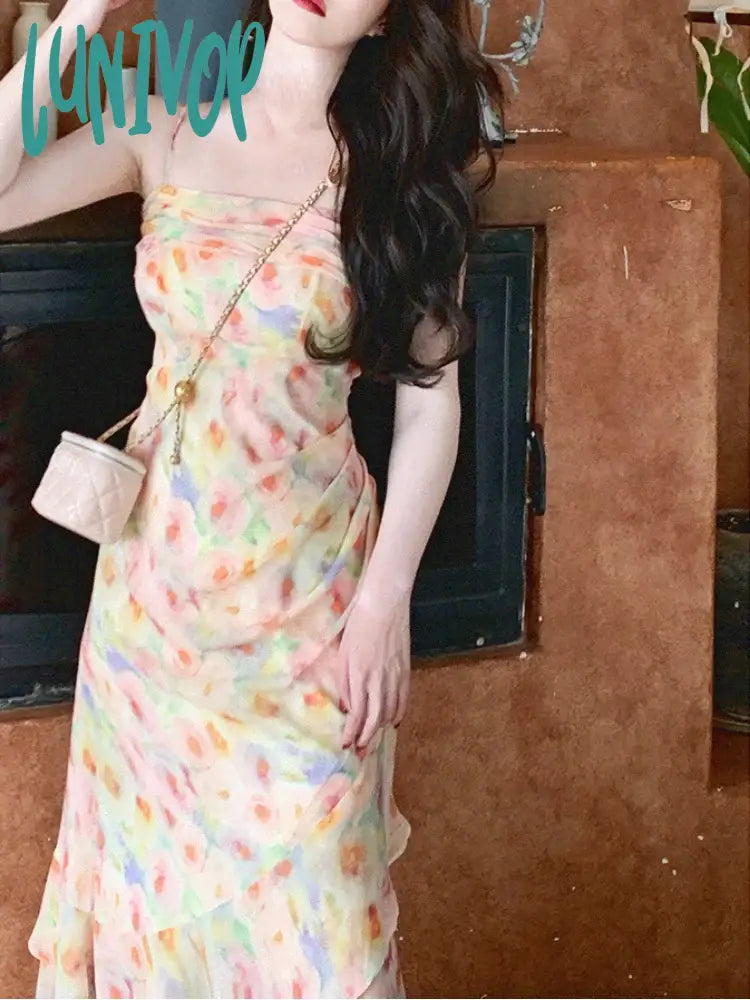 Lunivop Summer Print Elegant Floral Dress Women Ruffle Flounce Suspender Party Dress Female Bodycon Korean Style Fairy Midi Dress Boatneck Modish Everyday Lunivop Summer Print Elegant Floral Dress Women Ruffle Flounce Suspender Party Dress Female Bodycon Korean Style Fairy Midi Dress Boatneck Modish Everyday