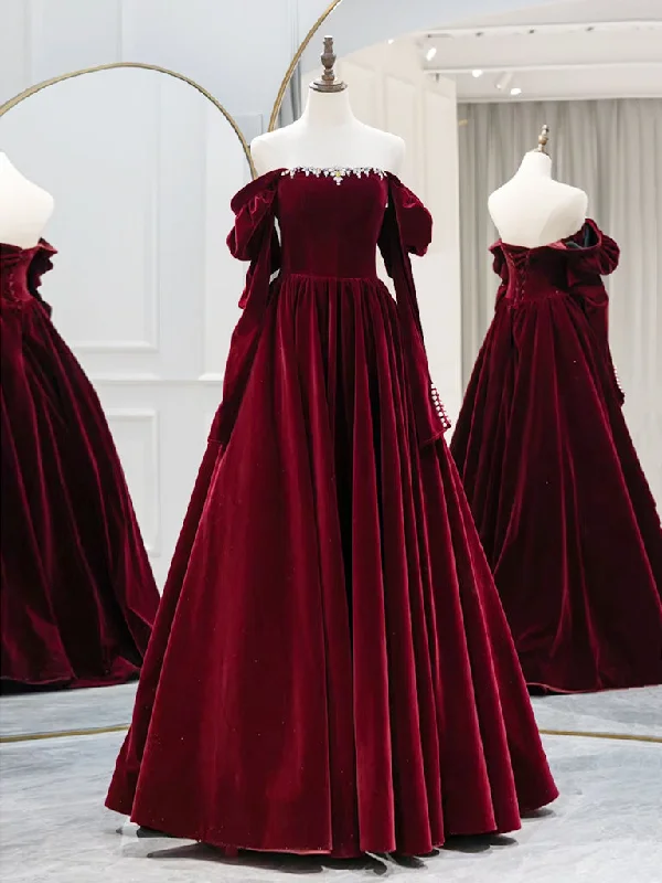 A-Line Long Sleeves Velvet Burgundy Long Prom Dress, Burgundy Long Evening Dress with Beads Tunics Ceremony elegant A-Line Long Sleeves Velvet Burgundy Long Prom Dress, Burgundy Long Evening Dress with Beads Tunics Ceremony elegant