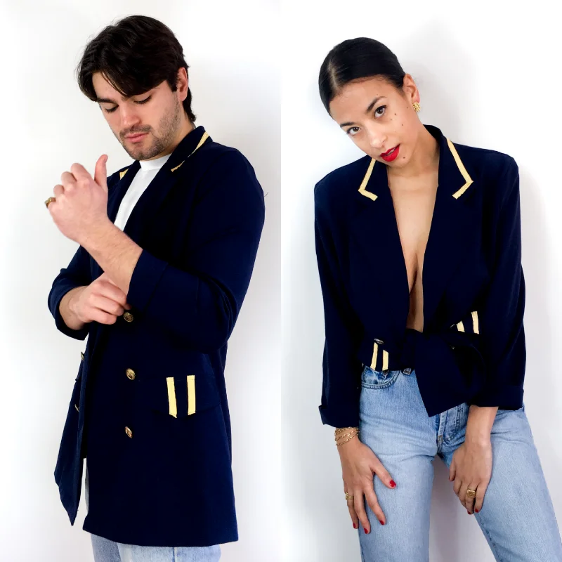 70s vintage navy blue light blazer, gold-toned details Women's Trendy Suit