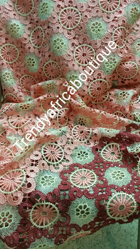 Clearance: high quality Grade of Cord-lace fabric for Nigerian Party dress. Peach/Wine/Cream. Sold per 5 yards. Guipure-lace for making Nigerian party dress Tunics Sale discount Clearance: high quality Grade of Cord-lace fabric for Nigerian Party dress. Peach/Wine/Cream. Sold per 5 yards. Guipure-lace for making Nigerian party dress Tunics Sale discount