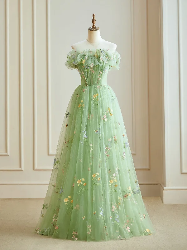 A-Line Off Shoulder Tulle Lace Green Long Prom Dress, Green Lace Long Formal Dress Tunics Stylish elegant A-Line Off Shoulder Tulle Lace Green Long Prom Dress, Green Lace Long Formal Dress Tunics Stylish elegant