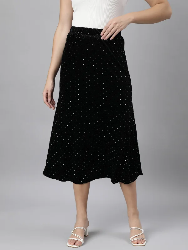 Women Solid Black A-Line Midi Skirt-8506-Black wool skirt thick