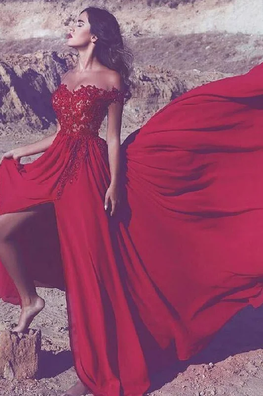 Red Party Dresses Off Shoulder Sweetheart Prom Dresses with Split Side Tunics Travel practical Red Party Dresses Off Shoulder Sweetheart Prom Dresses with Split Side Tunics Travel practical