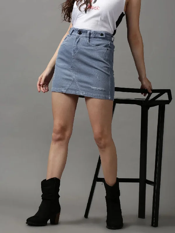 Women's Blue Solid A Line Skirt-IM-9963-Blue cashmere skirt fine