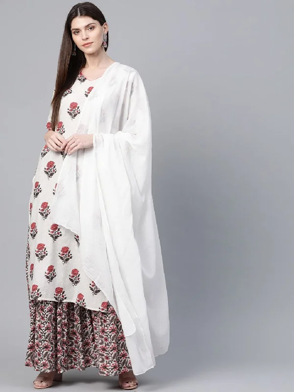 Women's  Off-White & Pink Printed Kurta with Skirt & Dupatta - AKS wool skirt sturdy