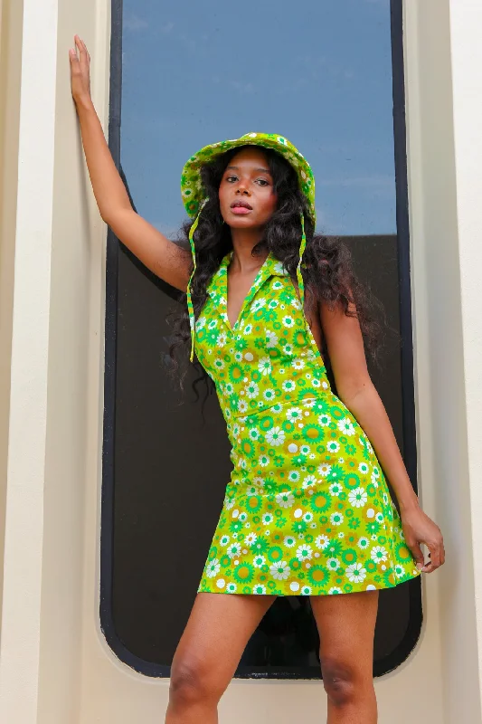 Cecilia Mini-Dress in Green Daisy Casual Short Summer