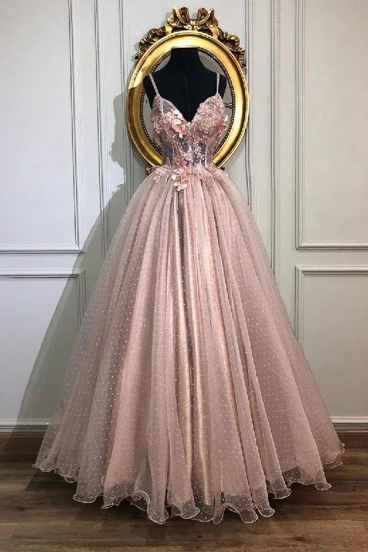 Pink Spaghetti Straps Tulle Appliques Long Prom Dress A-line Formal Party Dress OKS625 Tunics Print Colorful Pink Spaghetti Straps Tulle Appliques Long Prom Dress A-line Formal Party Dress OKS625 Tunics Print Colorful