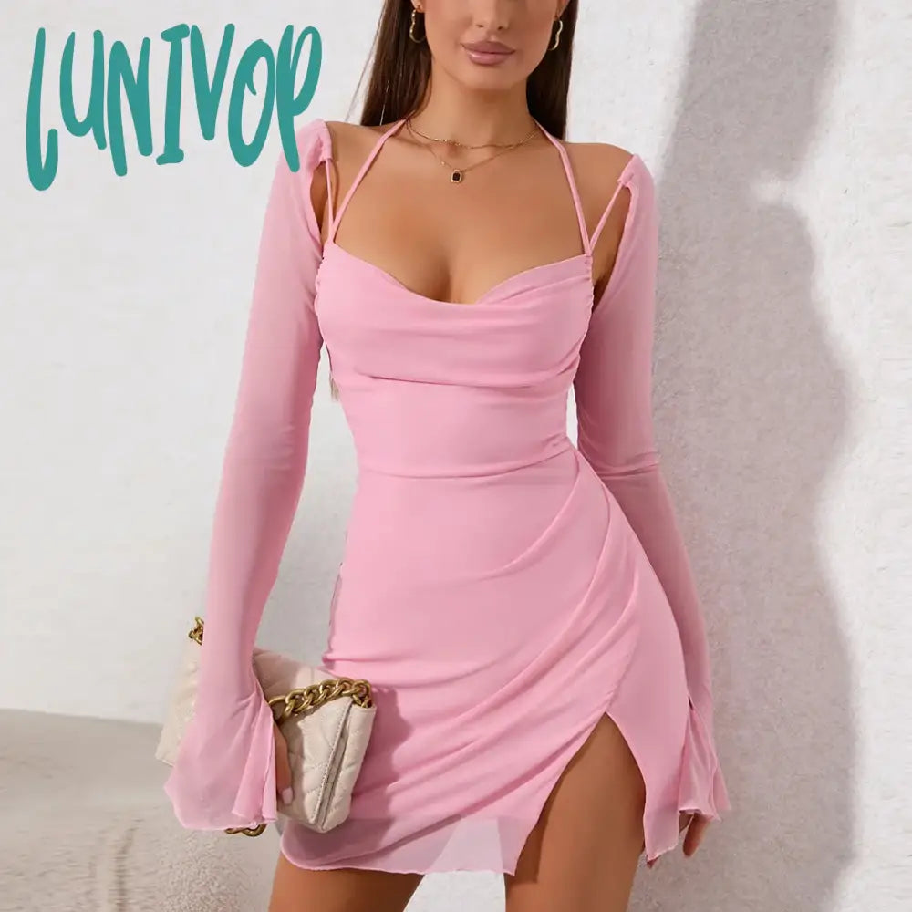 Lunivop Summer Bodycon Long Sleeve Mesh Dress Elegant Casual Halter Holiday Party Dresses Lined Flare Sleeve Dress Women Tunics Sophisticated sleek Lunivop Summer Bodycon Long Sleeve Mesh Dress Elegant Casual Halter Holiday Party Dresses Lined Flare Sleeve Dress Women Tunics Sophisticated sleek