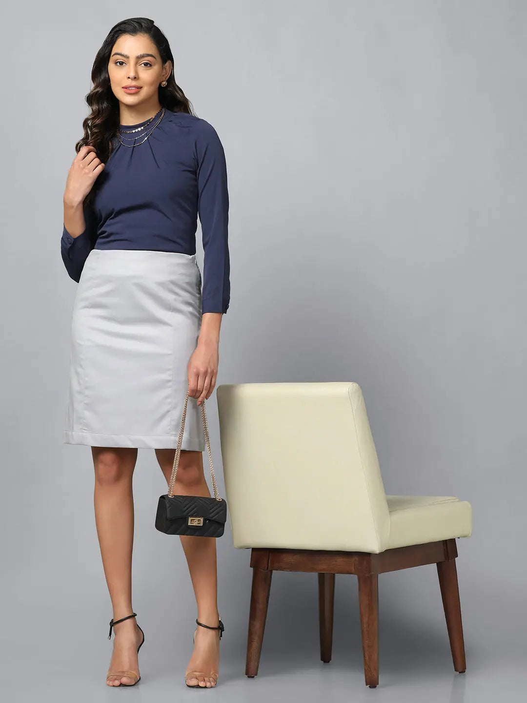 PowerSutra Grey Polycotton Straight Skirt lace skirt elegant