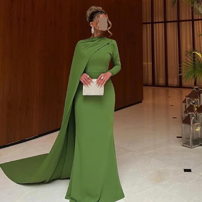 Elegant Green Long Sleeves Evening Dress with Cape SF068 Crew Neckline Casual