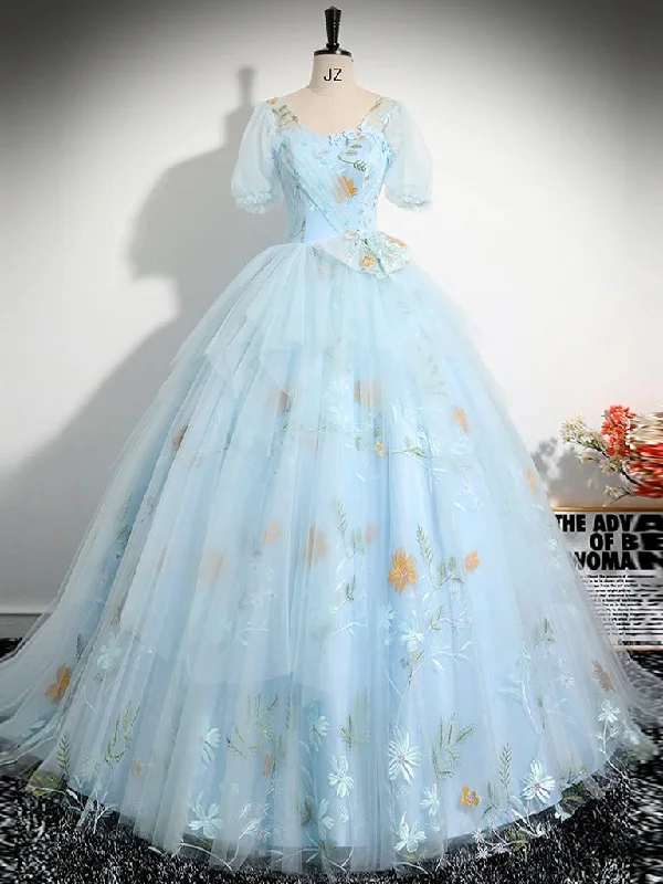 A-Line V Neck Tulle Lace Blue Long Prom Dress, Blue Lace Long Formal Dress Pencil Office Professional A-Line V Neck Tulle Lace Blue Long Prom Dress, Blue Lace Long Formal Dress Pencil Office Professional