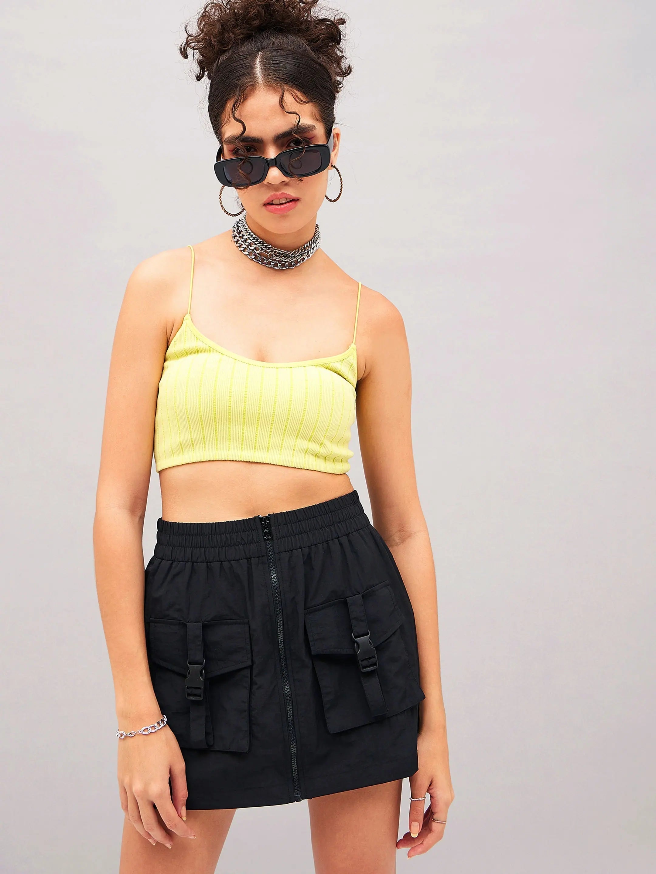 Women Black Front Zipper Parachute Mini Skirt leather skirt bold