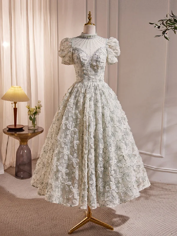 Unique Hight Neck Tulle Lace Tea Length Prom Dress, Light Green Formal Dress Crew Neckline Sporty Unique Hight Neck Tulle Lace Tea Length Prom Dress, Light Green Formal Dress Crew Neckline Sporty