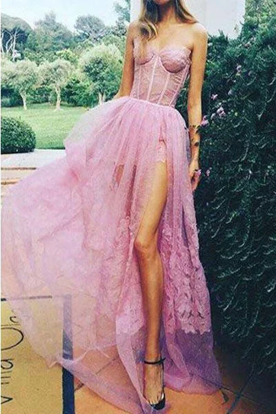 Sexy Pink Sweetheart Side Split Lace Appliques Pretty Long Prom Party Dresses OKG13 Tunics Trendy modern Sexy Pink Sweetheart Side Split Lace Appliques Pretty Long Prom Party Dresses OKG13 Tunics Trendy modern