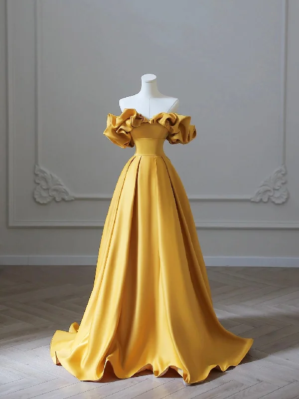 Yellow Saitn Long Prom Dress, Off Shoulder Evening Party Dress Tunics Short Trendy
