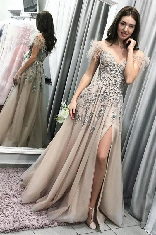 Off Shoulder Lace Champagne Long Prom Dresses with High Slit, Off Shoulder Champagne Formal Dresses, Champagne Party Dresses Tunics Custom made Off Shoulder Lace Champagne Long Prom Dresses with High Slit, Off Shoulder Champagne Formal Dresses, Champagne Party Dresses Tunics Custom made
