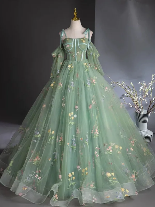 A-Line Sweetheart Neck Tulle Lace Green Long Prom Dress Tunics Floral girly