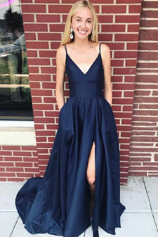 Navy Prom Dress with Slit, Evening Gown, Graduation School Party Dress, Winter Formal Dress Tunics Business professional Navy Prom Dress with Slit, Evening Gown, Graduation School Party Dress, Winter Formal Dress Tunics Business professional