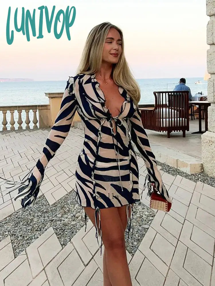 Lunivop 2024 Print Long Sleeve Mini Summer Beach Dress Ruffles Mesh Sexy Party Dresses Bodycon Bandage See Through 90s Club Sexy Dress Tunics Gym athletic