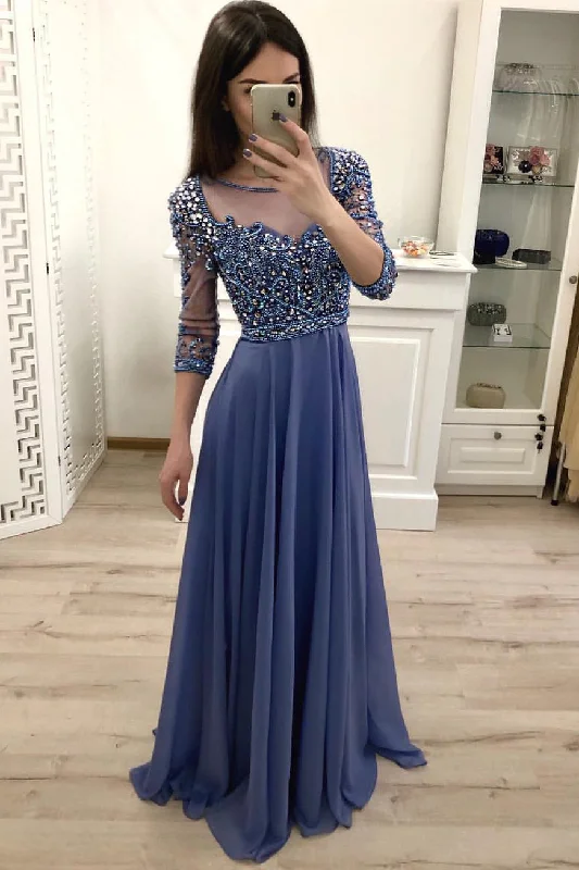 Chiffon A Line 3/4 Sleeves Beaded Blue Long Prom Dress, Formal Party Dress OKI18 Tunics Top rated Chiffon A Line 3/4 Sleeves Beaded Blue Long Prom Dress, Formal Party Dress OKI18 Tunics Top rated
