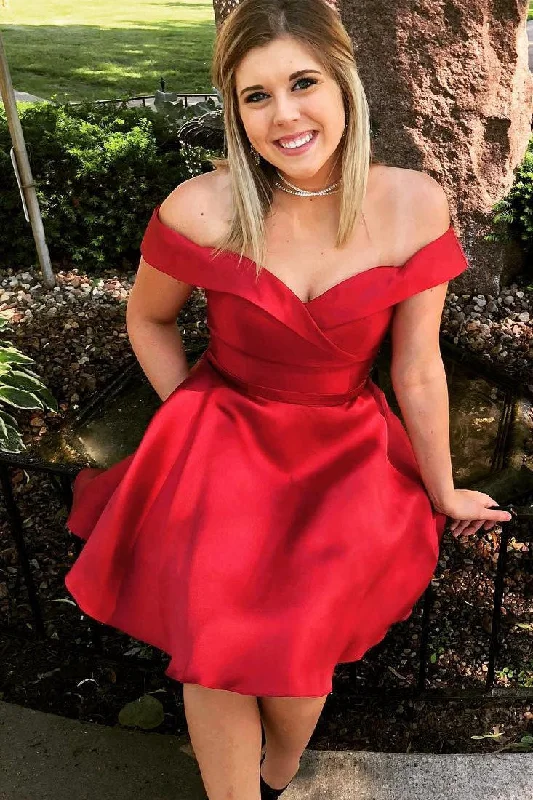 Cute Off the Shoulder Short Red Party Dress Tunics Summer linen