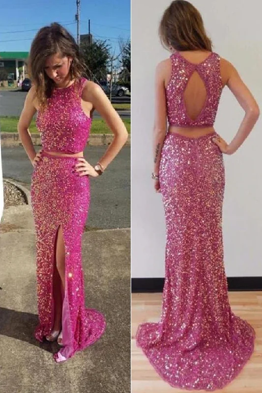 Glittering 2 Pieces Open Back Side Slit Prom Dress Cocktail Party Dress OK1406 Tunics Wedding white Glittering 2 Pieces Open Back Side Slit Prom Dress Cocktail Party Dress OK1406 Tunics Wedding white