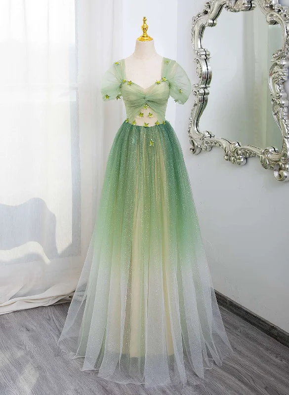 Green Tulle A-line Gradient Short Sleeves Prom Dress, Green Tulle Party Dress Pencil Length Work Green Tulle A-line Gradient Short Sleeves Prom Dress, Green Tulle Party Dress Pencil Length Work