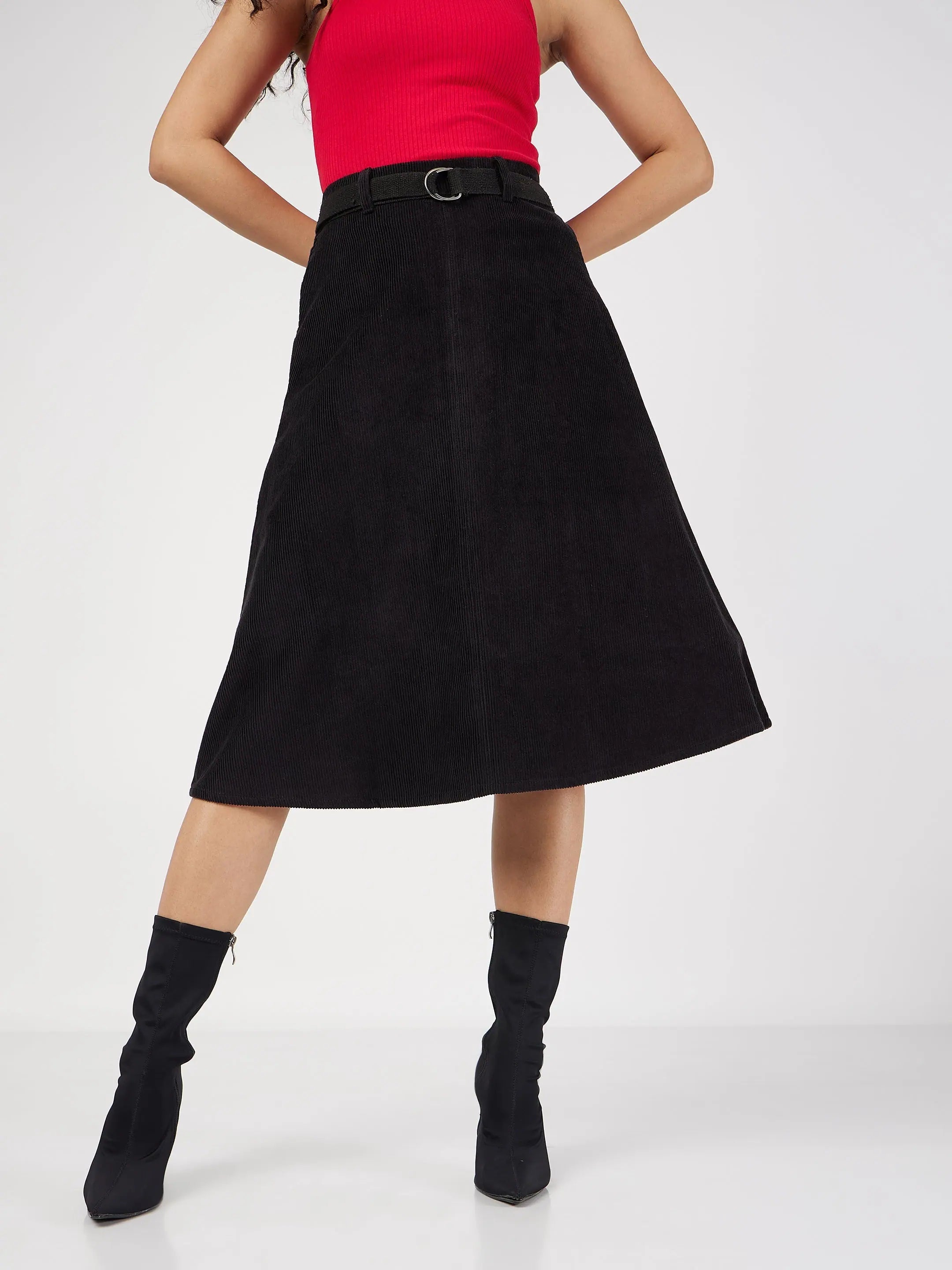 Women Black Corduroy A-Line Midi Skirt linen skirt light