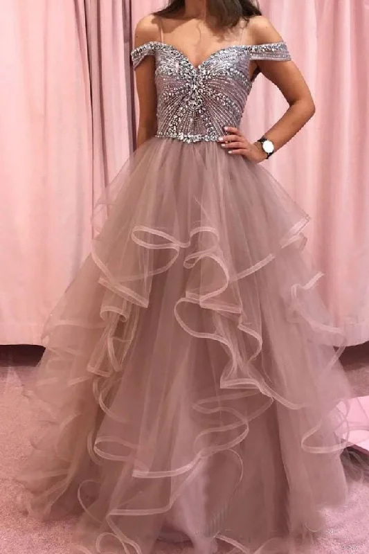 Rhinestones Layered Off the Shoulder Prom Dress Rose Pink Tulle Party Dress OKS12 Tunics Bridal satin Rhinestones Layered Off the Shoulder Prom Dress Rose Pink Tulle Party Dress OKS12 Tunics Bridal satin