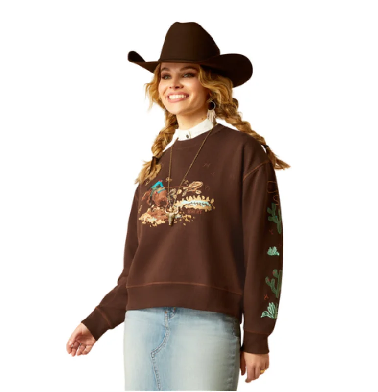 Ariat Ladies Riata Mole Brown Rodeo Graphic Sweatshirt Top Hoodie with High-Low Hem Asymmetrical Trendy