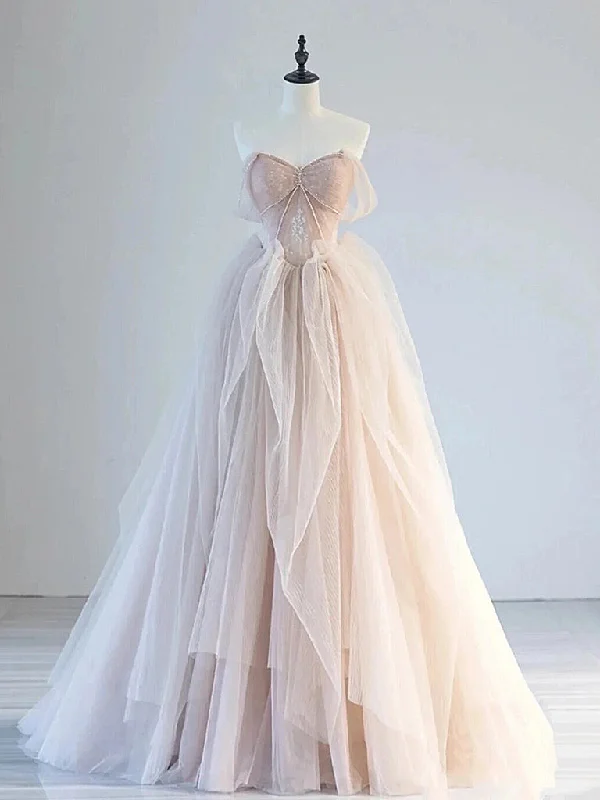 A-Line Off Shoulder Tulle Lace Champagne Pink Long Prom Dress, Lace Long Formal Dress Tunics Versatile all-occasion A-Line Off Shoulder Tulle Lace Champagne Pink Long Prom Dress, Lace Long Formal Dress Tunics Versatile all-occasion