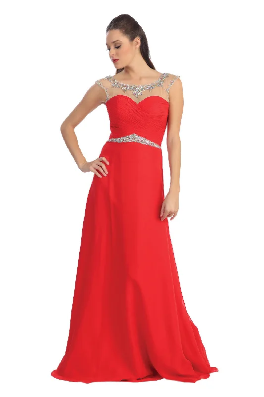 Modest Red Chiffon Beaded Open Back Prom Party Dress ED0723 Glittery Long Formal