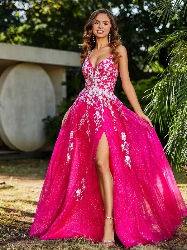 Lace Applique High Slit Tulle Dress Fuchsia Tunics Summer linen