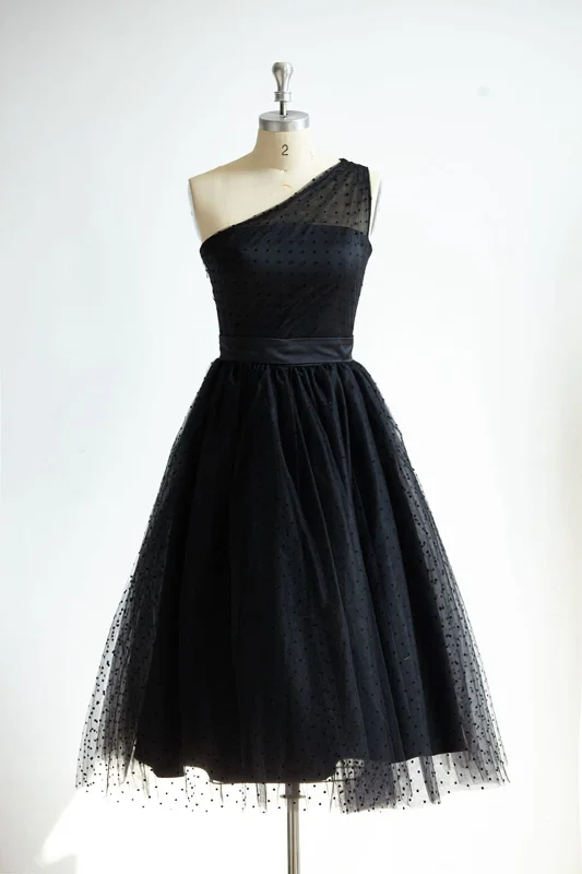 One Shoulder Black Polk Dot Tulle Short Tea Length Prom Party Dress Tunics Long Elegant One Shoulder Black Polk Dot Tulle Short Tea Length Prom Party Dress Tunics Long Elegant