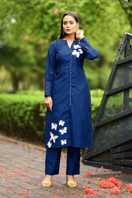 Blue Hand Embroidery Art Silk Straight Cut Kurta Pants Set Comfy High-Waist Jeans