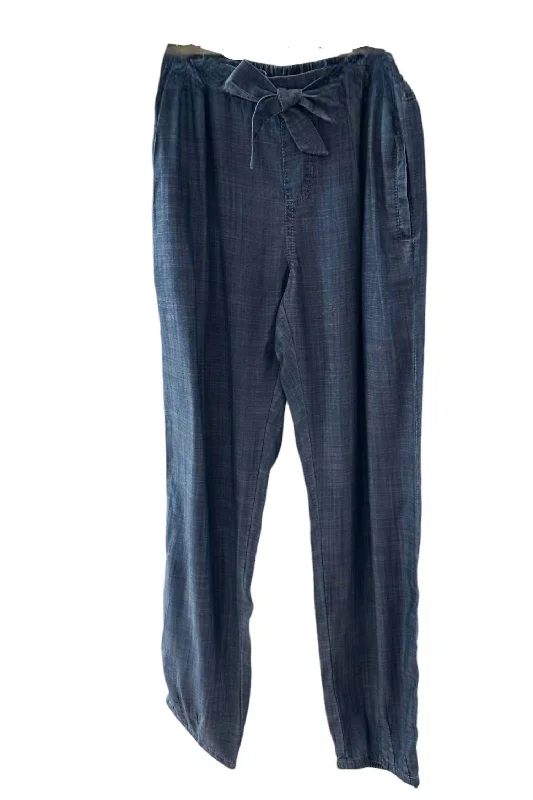 Women's Boho Bow Pants In Blue Chambray Casual Skinny Fit Pants