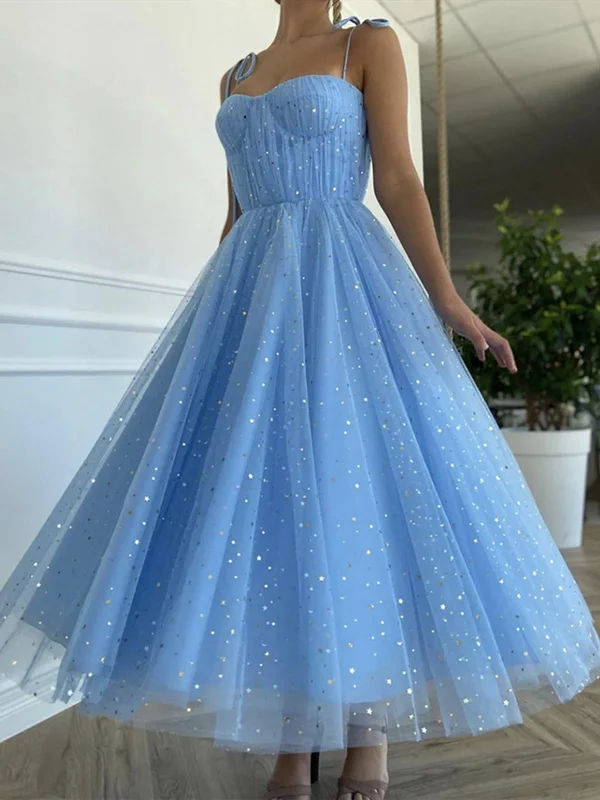 Spaghetti Straps Blue Tea Length Tulle Prom Dresses, Blue Tea length Formal Homecoming Dresses Tunics Sale discount Spaghetti Straps Blue Tea Length Tulle Prom Dresses, Blue Tea length Formal Homecoming Dresses Tunics Sale discount