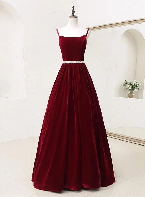 Elegant Straps Velvet Long Formal Dress with Belt, Long Prom Dress Tunics Winter warm Elegant Straps Velvet Long Formal Dress with Belt, Long Prom Dress Tunics Winter warm
