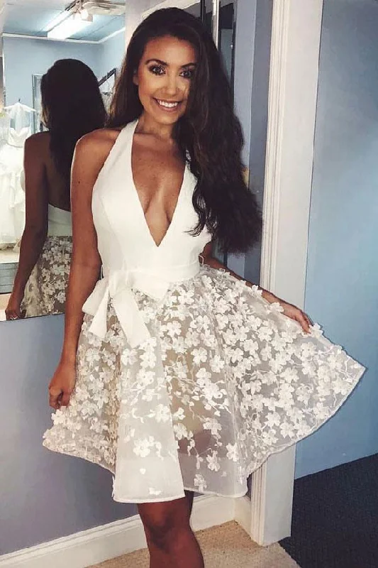 Ivory Lace Applique Halter Sexy Homecoming Dresses V Neck Sleeveless Short Party Dress Tunics Denim casual Ivory Lace Applique Halter Sexy Homecoming Dresses V Neck Sleeveless Short Party Dress Tunics Denim casual